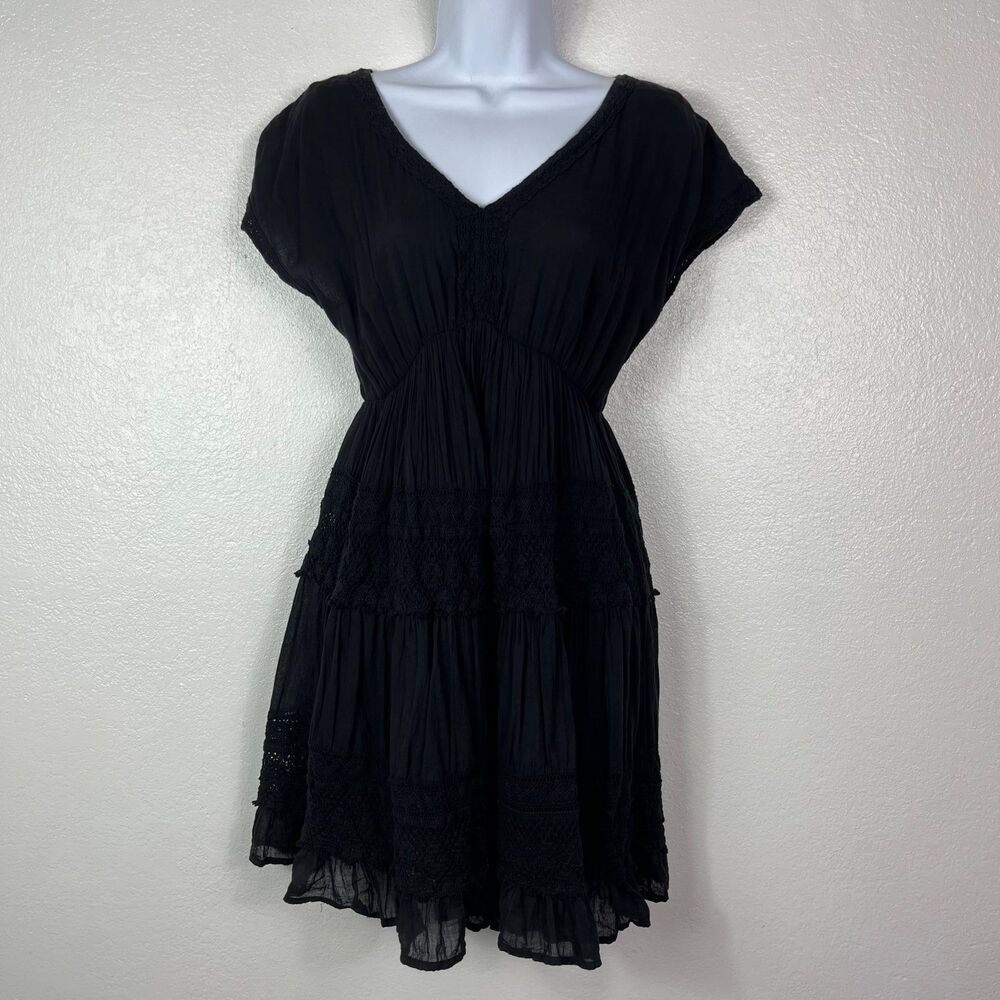 Just Funky V-neck Black Cotton Crochet Tiered Dress small
